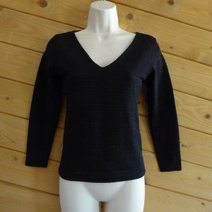 STRIPE Rayure Paris Black 3/4 sleeved V-Neck Crop Office Formal Pullover Top S